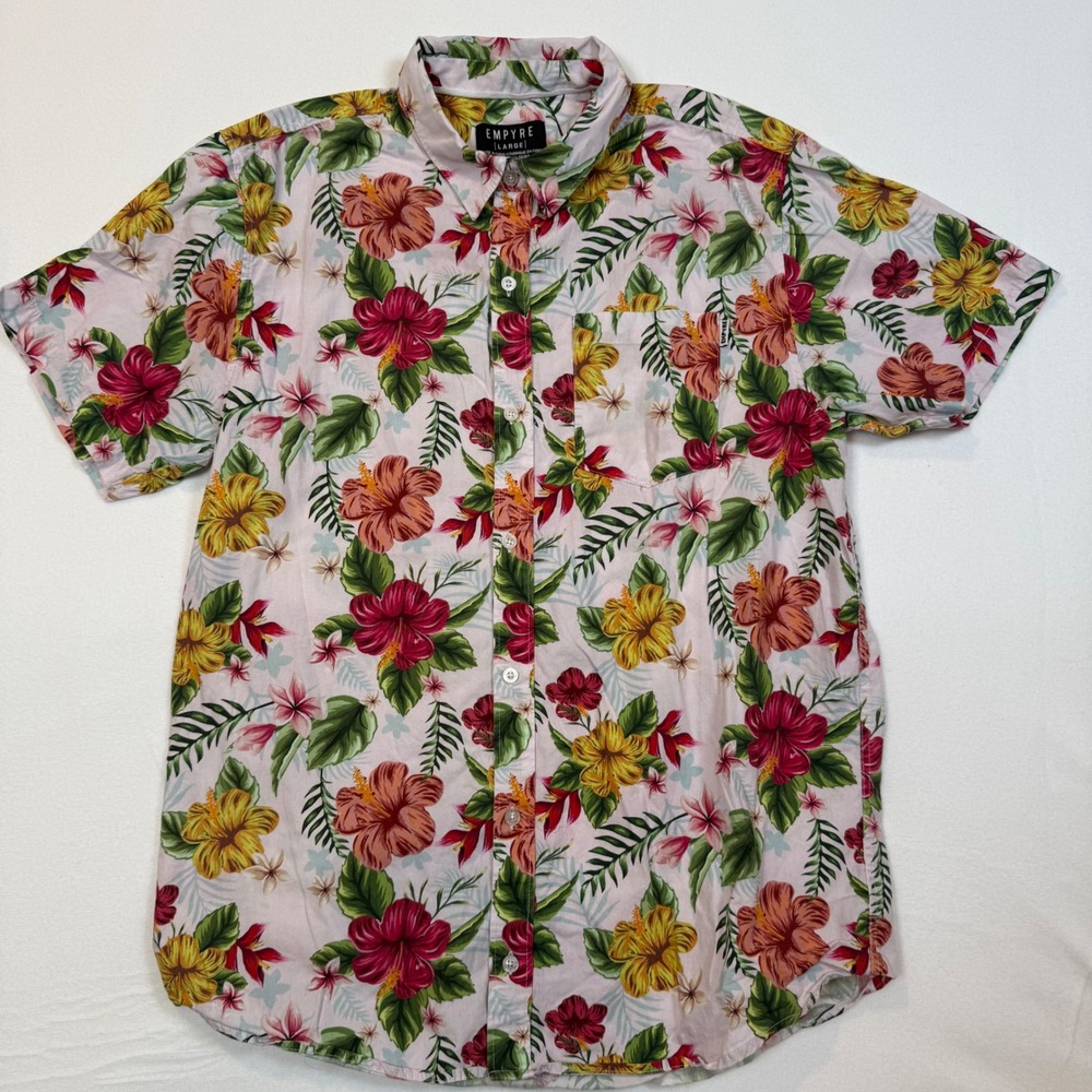 Empyre Mens Large Pink Tropical Hibiscus Floral Short Sleeve Button Down Shirt